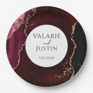 Burgund und Gold Glitzer Agate Wedding Pappteller