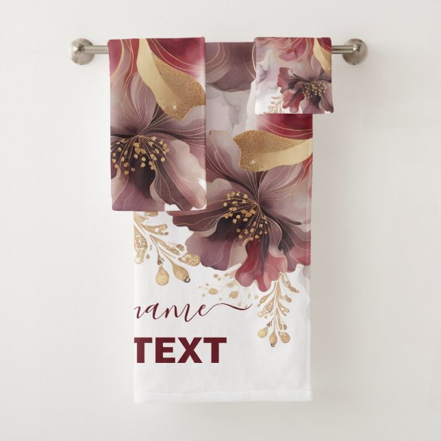 Burgund und Gold Glitzer Blumengatter Badhandtuch Set (Insitu)