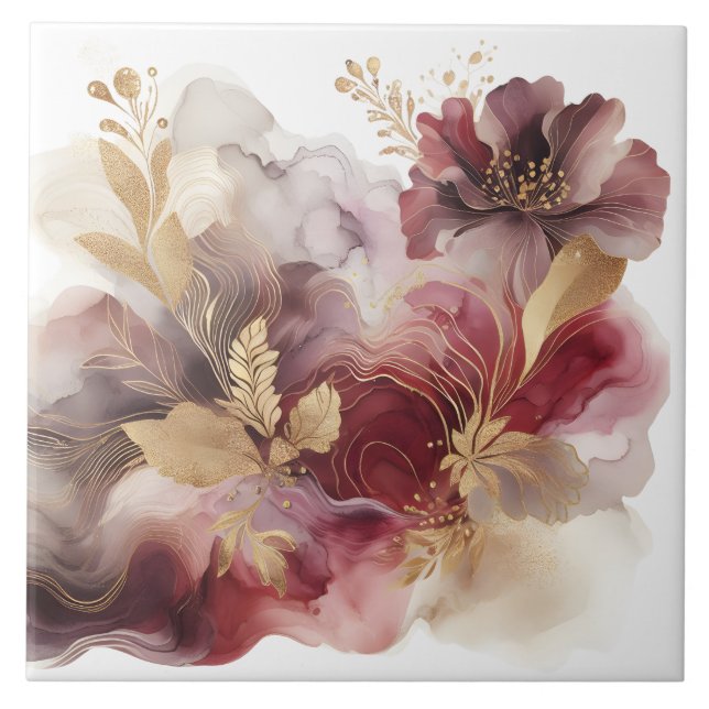 Burgund und Gold Glitzer Blumengatter Fliese (Vorderseite)