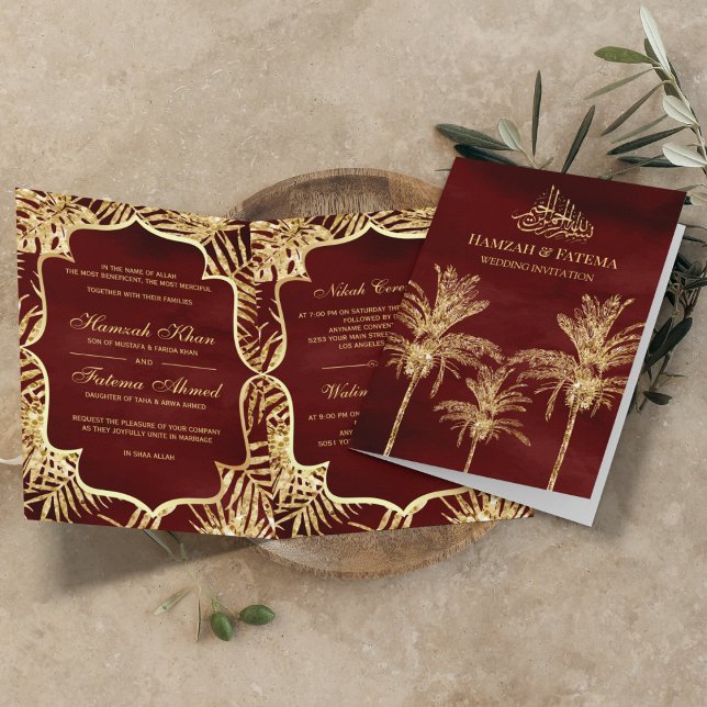 Burgund und Gold Glitzer Date Palm Moslem Hochzeit Einladung (Von Creator hochgeladen)