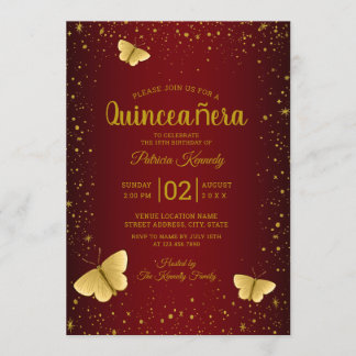 Burgund und Gold Glitzer Schmetterling Quinceanera Einladung