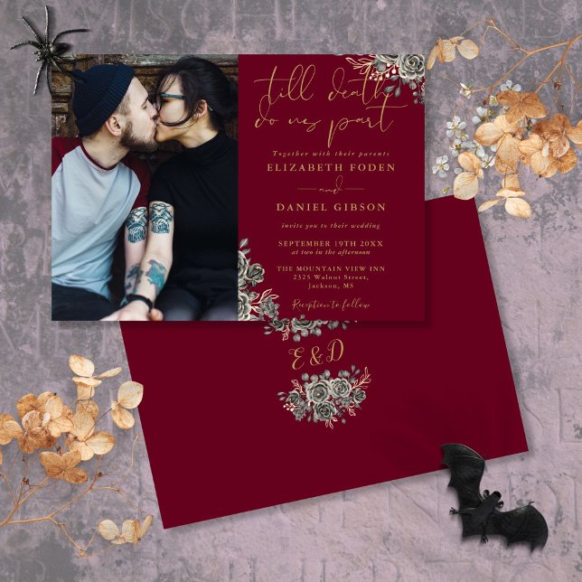 Burgund und Gold Gothic Foto Hochzeit Einladung (Burgundy And Gold Gothic Floral Photo Wedding Invitation)