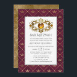 Burgund und Gold Heraldic Monogram Bar Mitzvah Einladung<br><div class="desc">Vintager Luxus Krone Gitter Bar mitzvah Einladung mit einem mit Monogramm Edelstein und einem goldenen Damast Rückwärtsgang.</div>