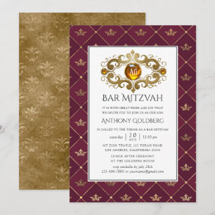Burgund und Gold Heraldic Monogram Bar Mitzvah Einladung