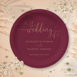 Burgund und Gold Herz Schrift Hochzeit Pappteller