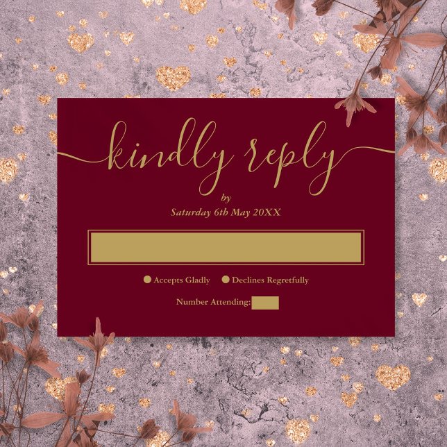 Burgund und Gold Moderne Minimalistische Eleganten RSVP Karte (Burgundy and Gold Modern Minimalist Elegant Script RSVP Card)