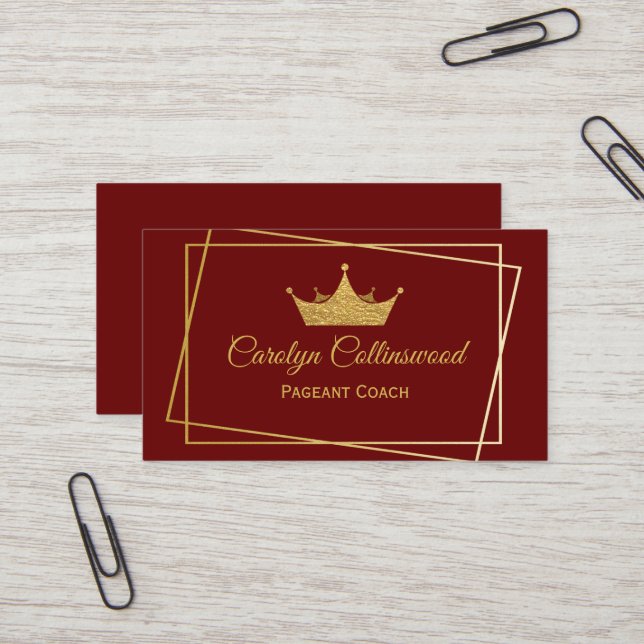 Burgund und Gold Pageant Coach Business Card Visitenkarte (Vorderseite/Rückseite Beispiel)