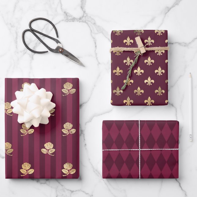 Burgund und Gold Paris Geschenkpapier Set (Vorderseite)
