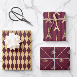 Burgund und Gold Paris Geschenkpapier Set