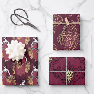 Burgund und Gold Pariser Wein Geschenkpapier Set