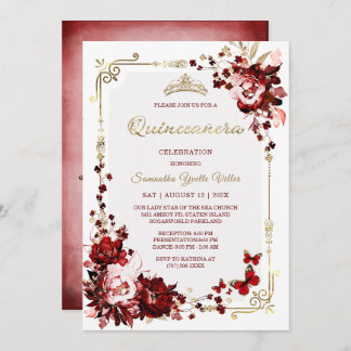 Burgund und Gold Quinceanera-Vorlagen Einladung