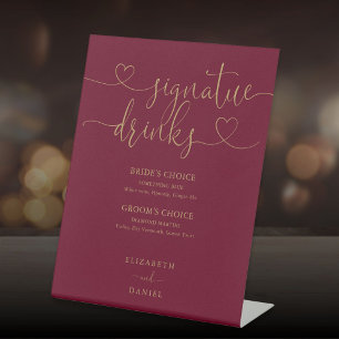 Burgund und Gold Schrift Hochzeit Signature-Drinks Sockelschild