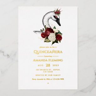 Burgund und Gold Schwan Quinceañera Folien-Einladu Folieneinladung