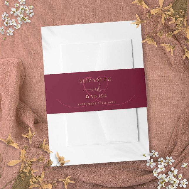Burgund und Gold-Script-Herz-Hochzeit Einladungsbanderole (Burgundy And Gold Script Heart Wedding Invitation Belly Band)