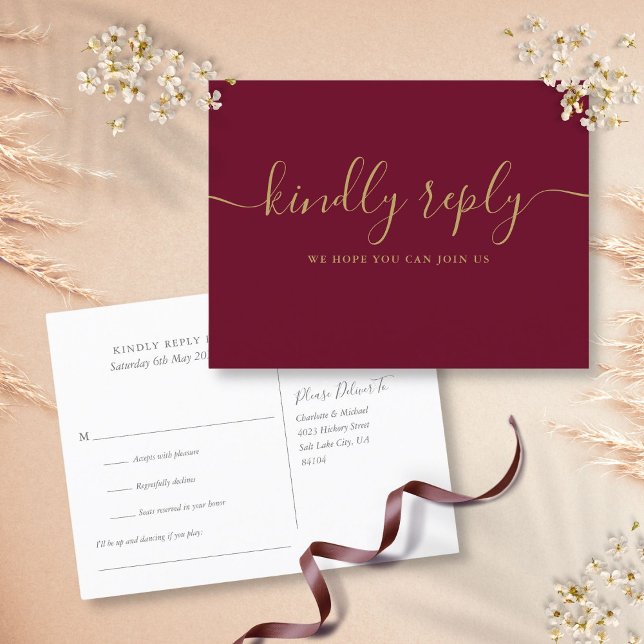 Burgund und Gold Song Request UAWG Postcard Einladungspostkarte (Burgundy and Gold Song Request RSVP Postcard)