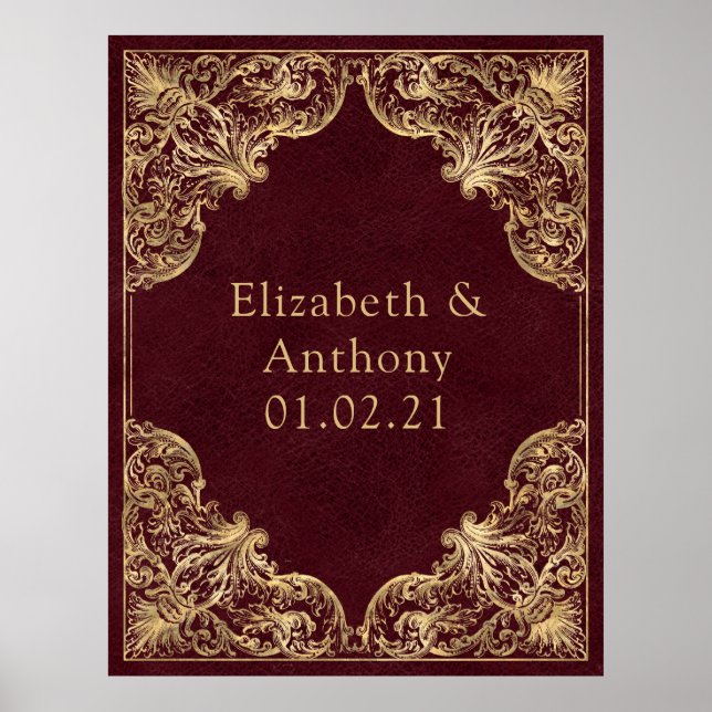 Burgund und Gold Vintage Monogramm Poster (Vorne)