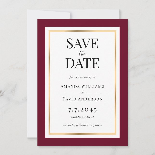 Burgund und Gold Wedding speichern die Datumskarte Save The Date (Vorderseite)