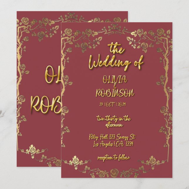 Burgund und Golden Golden Golden 3D Text Effect Ho Einladung (Vorne/Hinten)