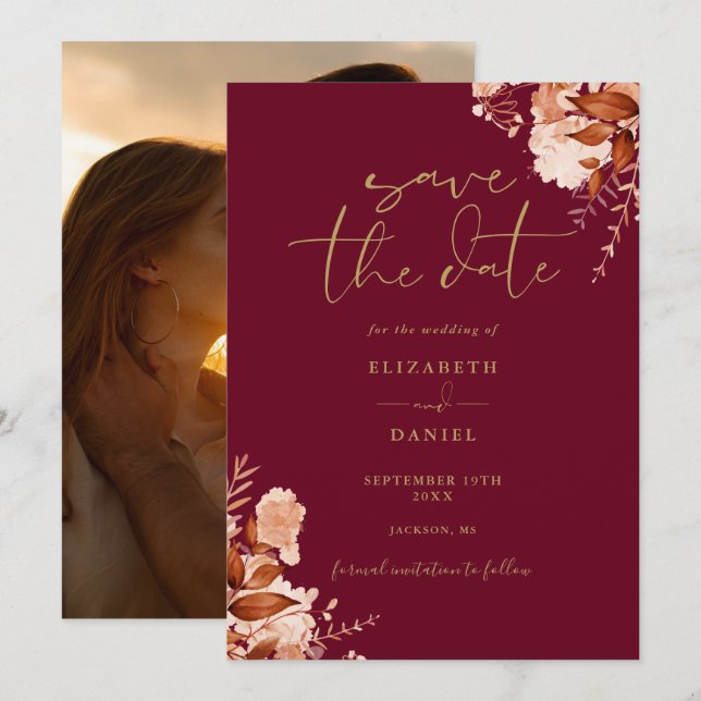 Burgund und Goldfall Rustikales Foto Hochzeit Save The Date (Vorne/Hinten)