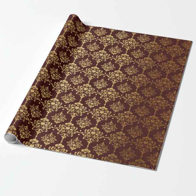 Burgund und Goldfolie Damask Weihnachten Geschenkpapier (Ungerollt)