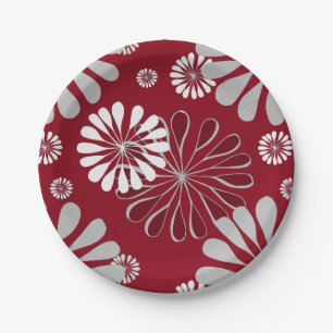 Burgund und Graues Blumenmuster Pappteller