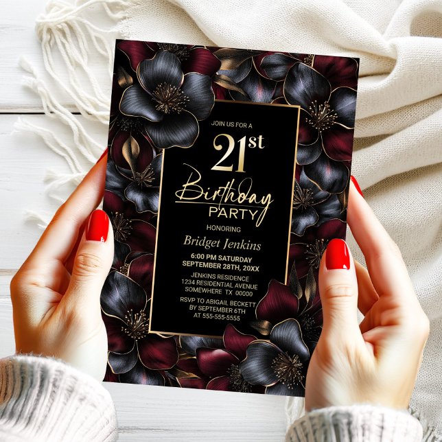 Burgund und Grauflora 21. Geburtstag Party Einladung (Von Creator hochgeladen)