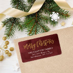 Burgund und Imitate Foil Christmas Rücksendeadress Adressaufkleber<br><div class="desc">Maßgeschneiderte gedruckte Rücksendeadressen-Aufkleber zur Abstimmung mit unserer Merriest Ferienkollektion. Dieses elegante Design zeichnet sich durch einen bordeauxroten Aquarellhintergrund mit handgeschriebenem Drehbuch Frohe Weihnachtstypografie in Imitaten Goldfolie aus. Personalisieren Sie es mit Ihrem Namen, Ihrer Rücksendeadresse oder einem anderen benutzerdefinierten Text. Verwenden Sie die Designtools, um die Schriftartes und Farben zu ändern...</div>