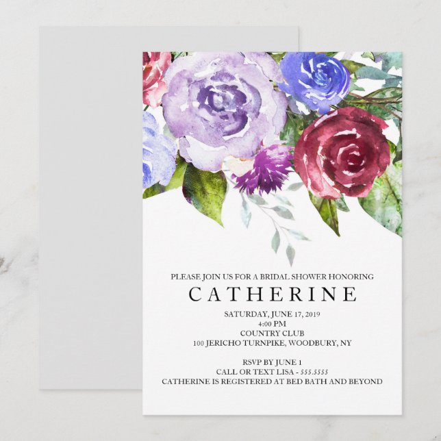 Burgund und Lila Blumenkohl-Brautparty Einladung (Vorne/Hinten)