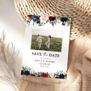 Burgund und Marine Save the Date mit Fotokarte