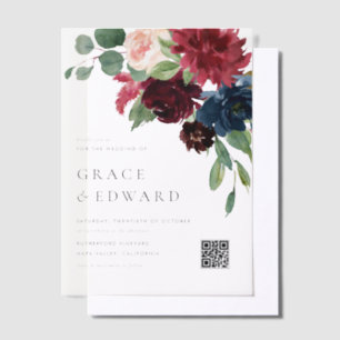 Burgund- und Marineblaue Floral-QR-Code-Hochzeit