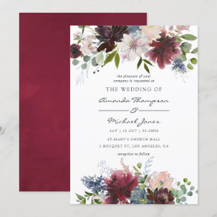 Burgund und marineblaue florale Aquarell-Hochzeit Einladung