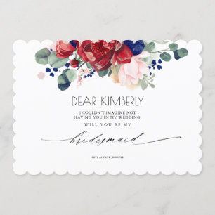 Burgund und Navy Blue Floral Be My Bridesmaid Einladung