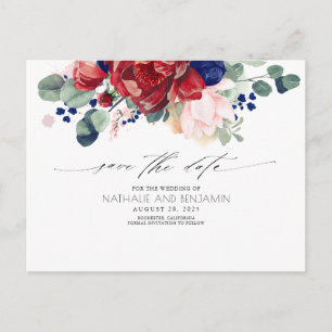 Burgund und Navy Blue Floral Boho Save the Date Postkarte