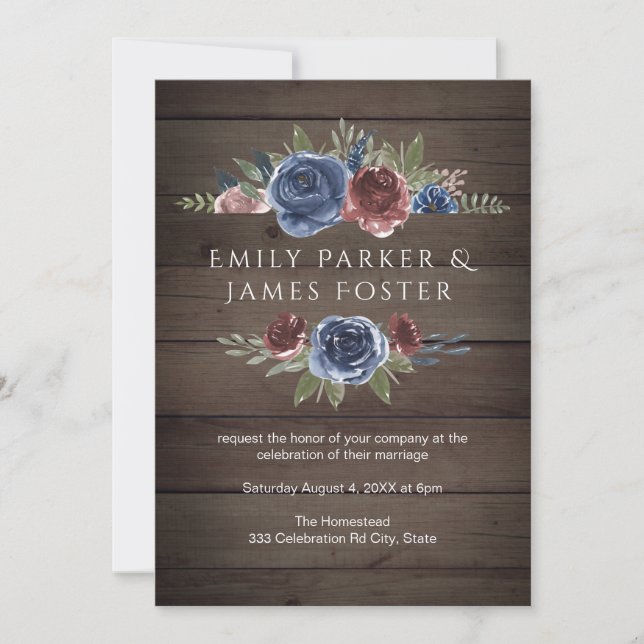 Burgund und Navy Blush Floral Rustic Wood Wedding Einladung (Vorderseite)
