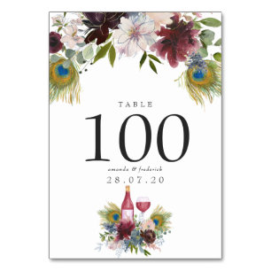 Burgund und Navy Pfau Wein Thema Hochzeit Tischnummer