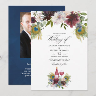 Burgund und Navy Pfau Wein-Themen-Hochzeitseinladu Einladung