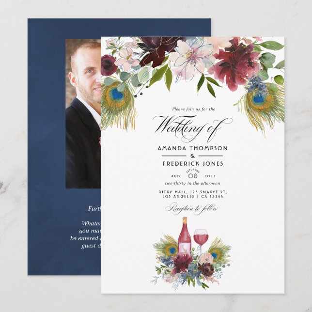 Burgund und Navy Pfauenwein Thema Hochzeit Invi Einladung (Vorne/Hinten)