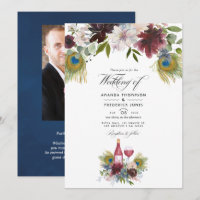 Burgund und Navy Pfauenwein Thema Hochzeit Invi