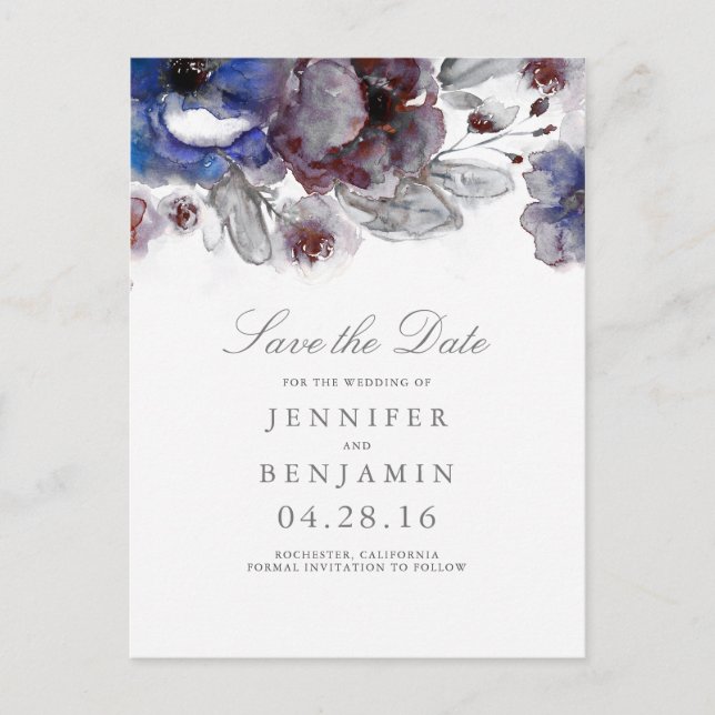 Burgund und Navy und Floral Save the Date Ankündigungspostkarte (Vorderseite)