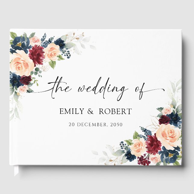 Burgund und Navy Wedding Gästebuch (Vorderseite)