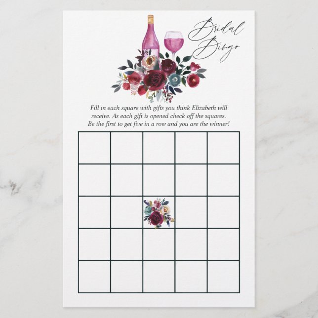 Burgund und Navy Weinprobe Brautparty Bingo (Vorderseite)