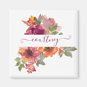 Burgund und orange Aquarell-Blumen personalisiert Magnet