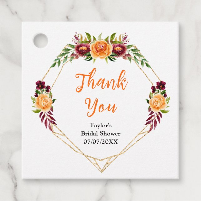 Burgund und Orange Floral Brautparty Vielen Dank Geschenkanhänger (Vorderseite)