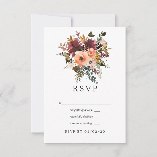 Burgund und Peach Floral Geometric Wedding RSVP Karte (Vorderseite)
