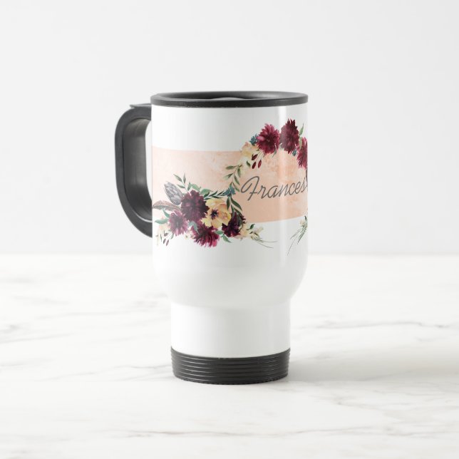 Burgund und Peach Floral Personalisiert Travel Mug Reisebecher (Vorderseite Links)