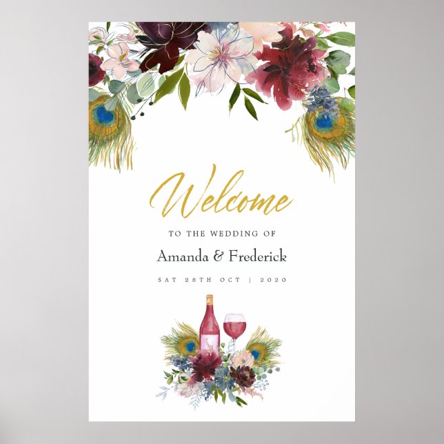 Burgund und Pfauenwein der Marine Hochzeit Poster (Vorne)