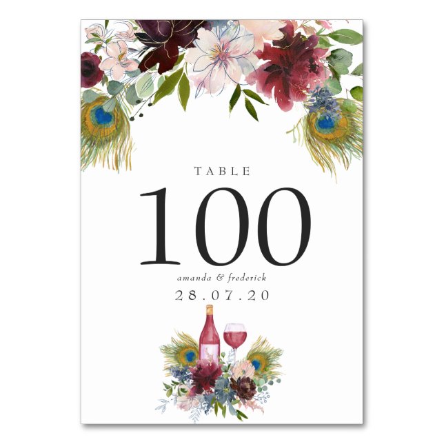 Burgund und Pfauenwein der Marine Hochzeit Tischnummer (Vorderseite)