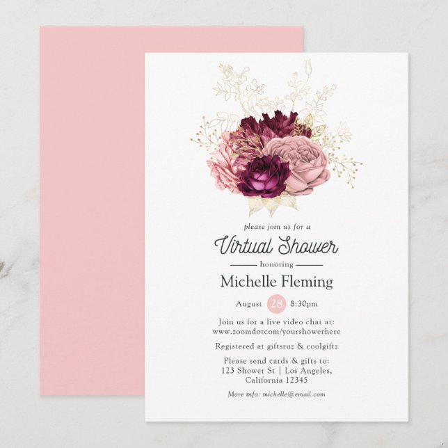 Burgund und Pink Virtual Baby oder Brautparty Einladung (Vorne/Hinten)