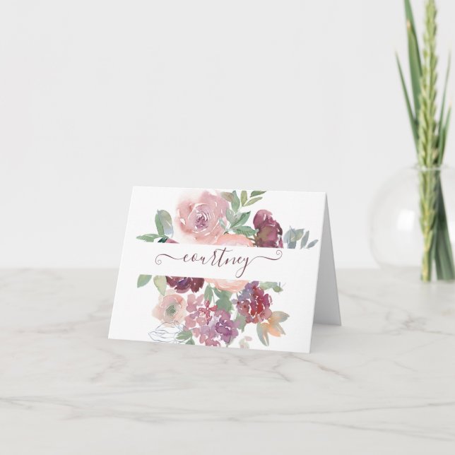 Burgund und rosa Aquarellblumen personalisiert (Vorderseite)