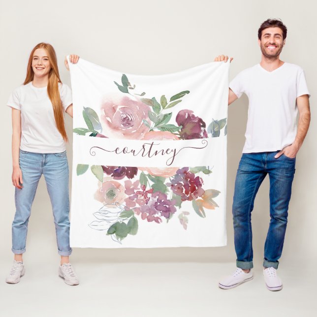Burgund und rosa Aquarellblumen personalisiert Fleecedecke (Beispiel)